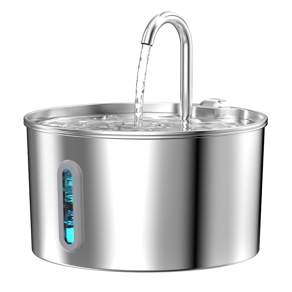 Fontaine à eau automatique en acier inoxydable avec bec versant de l'eau dans la cuve.