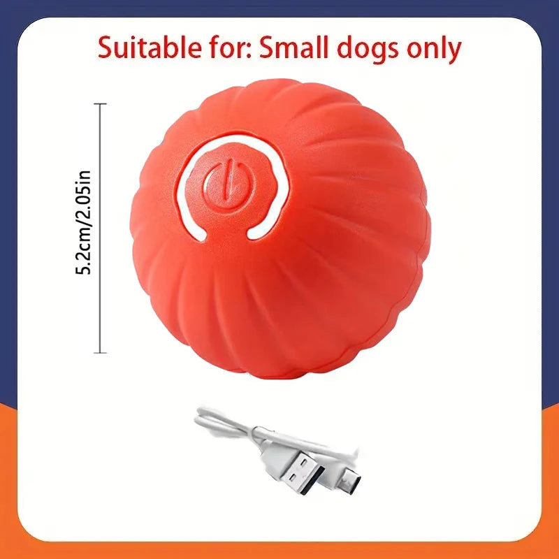 Orangefarbener, strukturierter Spielball für kleine Hunde, gezeigt neben seinem abnehmbaren elektronischen Teil.