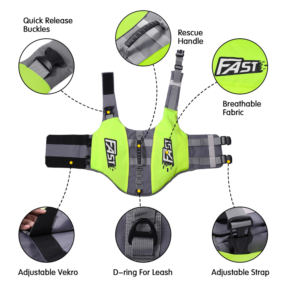 A high visibility yellow dog life jacket featuring quick release buckles, breathable fabric, and an adjustable strap.
