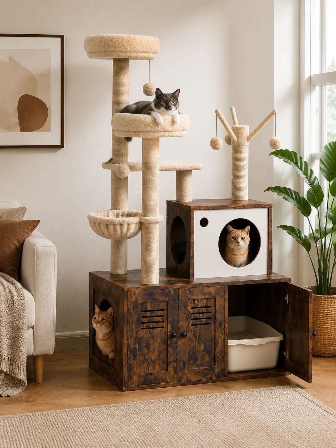 Tour pour chat en bois avec litière intégrée, plusieurs niveaux et structure d'escalade.