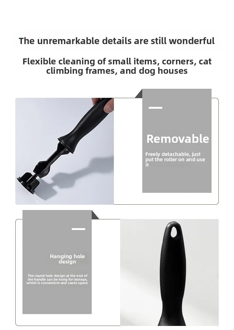 A black heavy-duty lint roller is shown with removable parts and a hanging hole design.