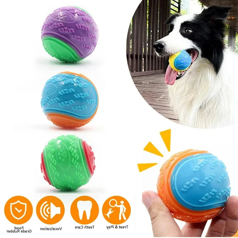 Bunte interaktive Hunde-Bälle in Lila, Blau und Grün neben einem Hund, der mit einem orangen Ball spielt.