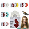 Various views of a red bird whistle product with a heart design and warning labels.