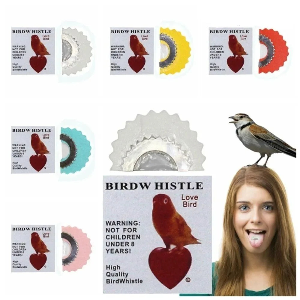 Various views of a red bird whistle product with a heart design and warning labels.