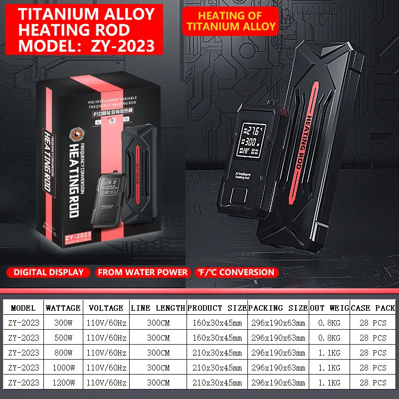 A black titanium alloy heating rod model ZY-2023 is shown next to its packaging and a digital display.