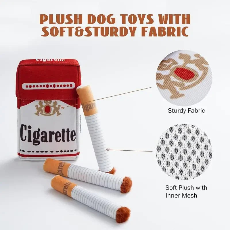 A red and white cylindrical storage box of cigarettes next to several white plush dog toys with sturdy fabric.