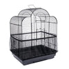 A black breathable nylon mesh bird cage with a wire roof and floor, used as a seed guard.