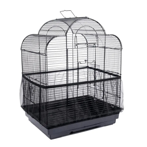 A black breathable nylon mesh bird cage with a wire roof and floor, used as a seed guard.