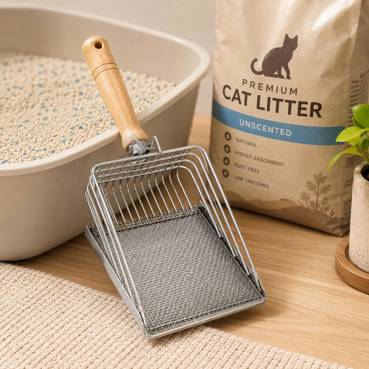 Stainless steel cat litter scoop with a wooden handle and fine mesh sifter resting on a wooden surface.