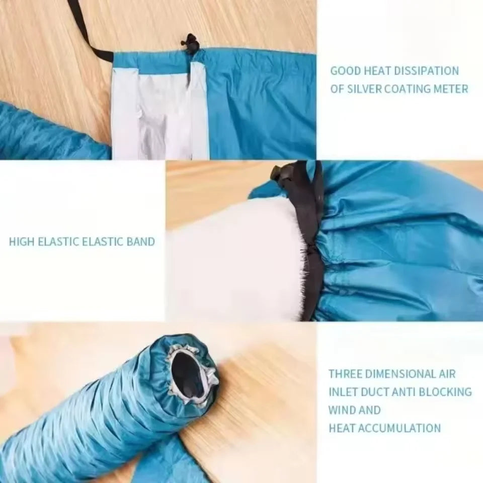 Blue pet drying bag with a silver coating meter, showing elastic band and air inlet duct features.