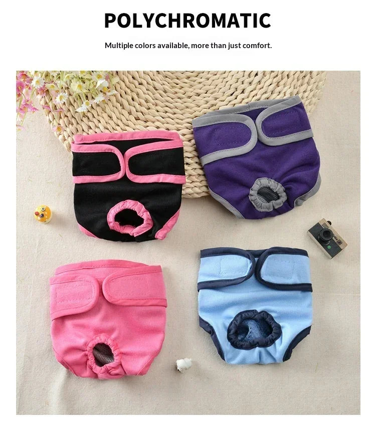 A collection of polychromatic reusable dog diapers in various colors including purple, pink, and blue.