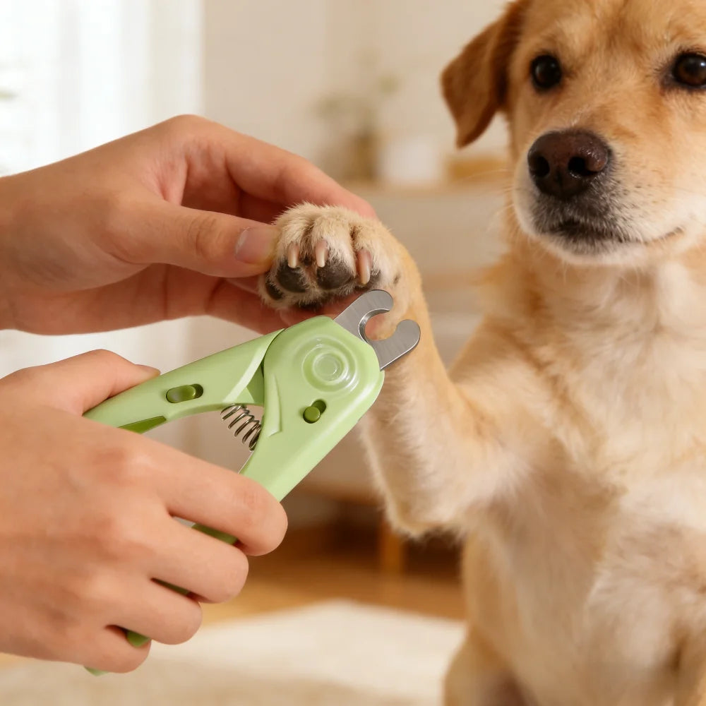 Eine Person schneidet mit einer grünen Nagelschere die Pfote eines goldenen Hundes.