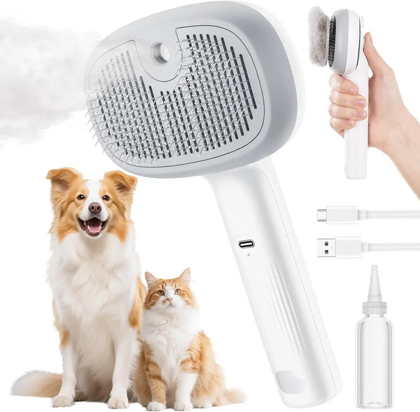 A white dual-action pet grooming brush is shown next to a dog and a cat.