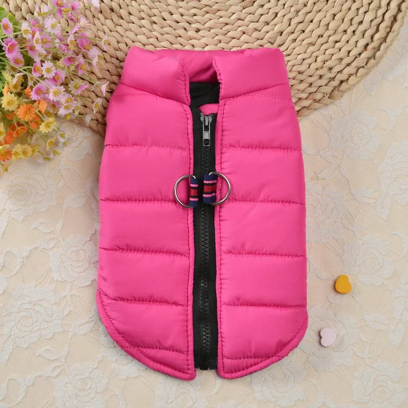 A bright pink padded dog coat jacket with a black zipper and silver hardware lying on a light fabric surface.