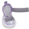 A pair of purple and gray breathable anti-slip dog walking shoes with mesh insoles and adjustable straps.
