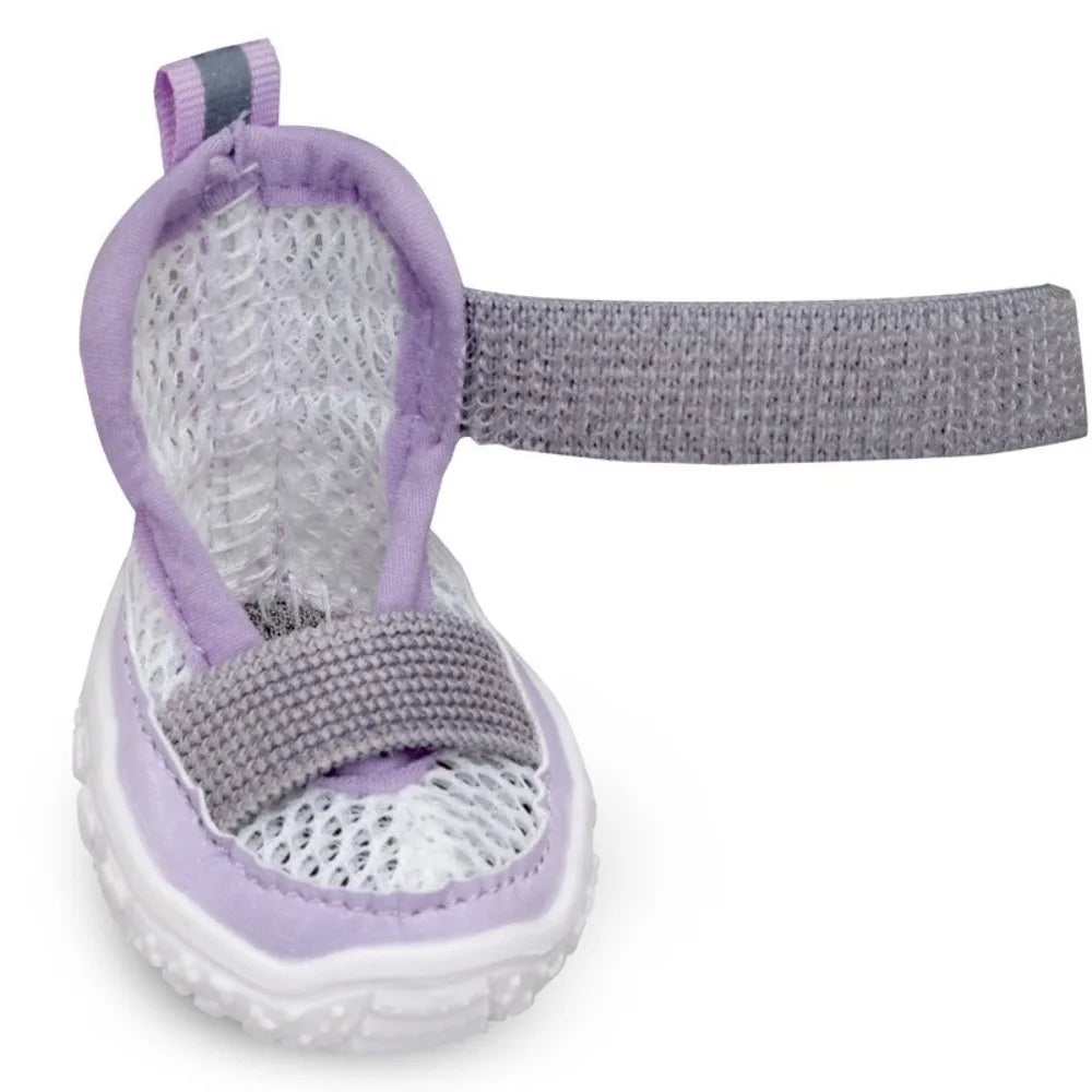 A pair of purple and gray breathable anti-slip dog walking shoes with mesh insoles and adjustable straps.