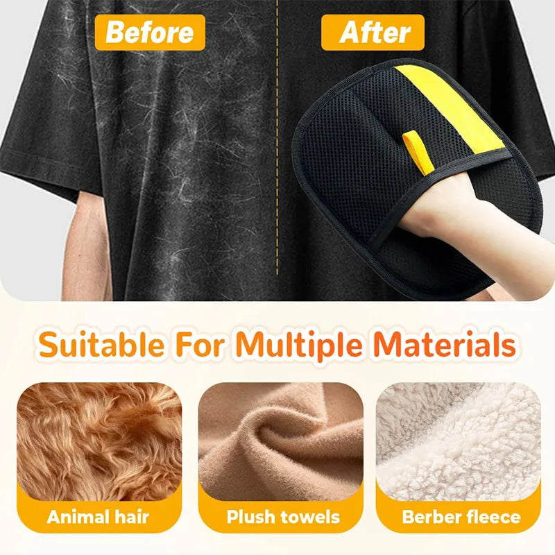 Double-sided pet grooming gloves shown before and after use on various materials like animal hair, plush towels, and barber f