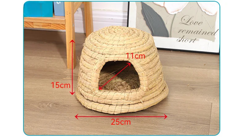 A natural straw woven mat shaped like a dome with an entrance for small rodents.