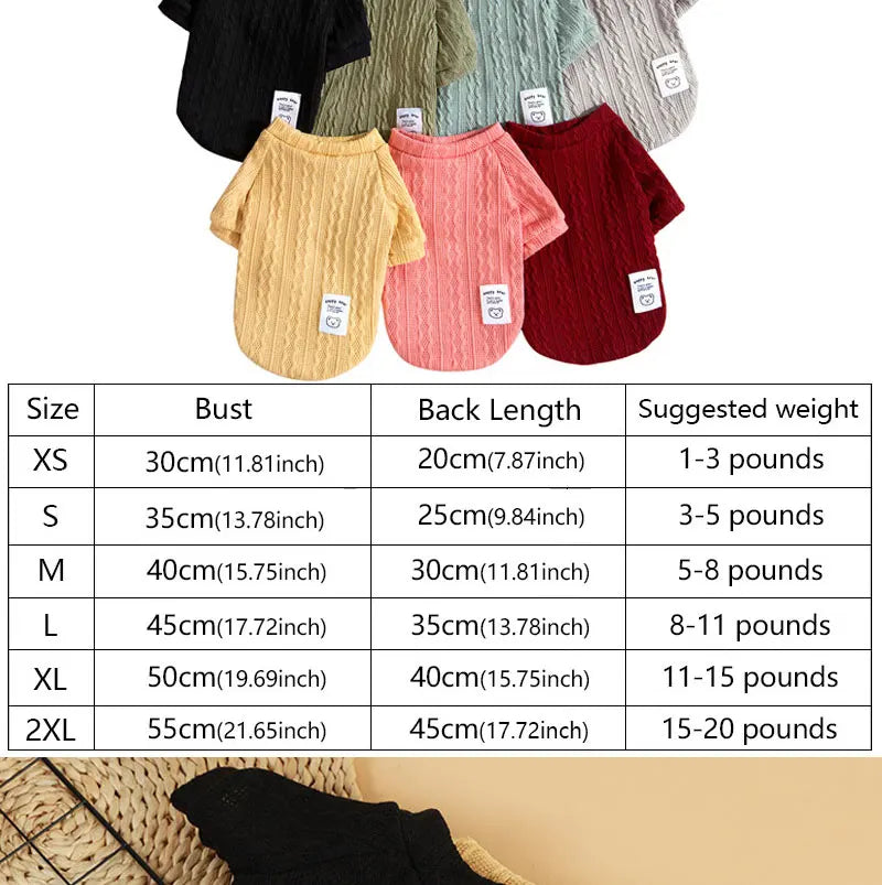 A collection of knitted winter sweaters for dogs and cats in various colors and sizes.