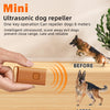 A hand holds a portable ultrasonic dog repeller device, demonstrating its use to scare away a dog.
