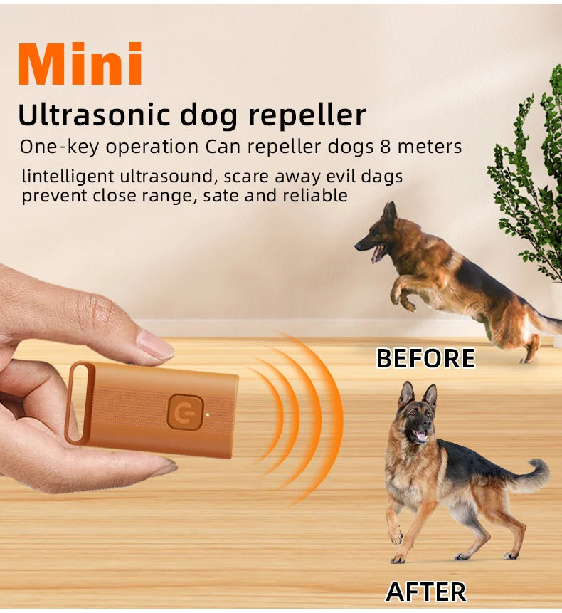 A hand holds a portable ultrasonic dog repeller device, demonstrating its use to scare away a dog.