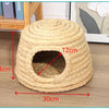 A round, woven straw mat with a circular entrance for small rodents, measuring 30cm in diameter and 23cm high.