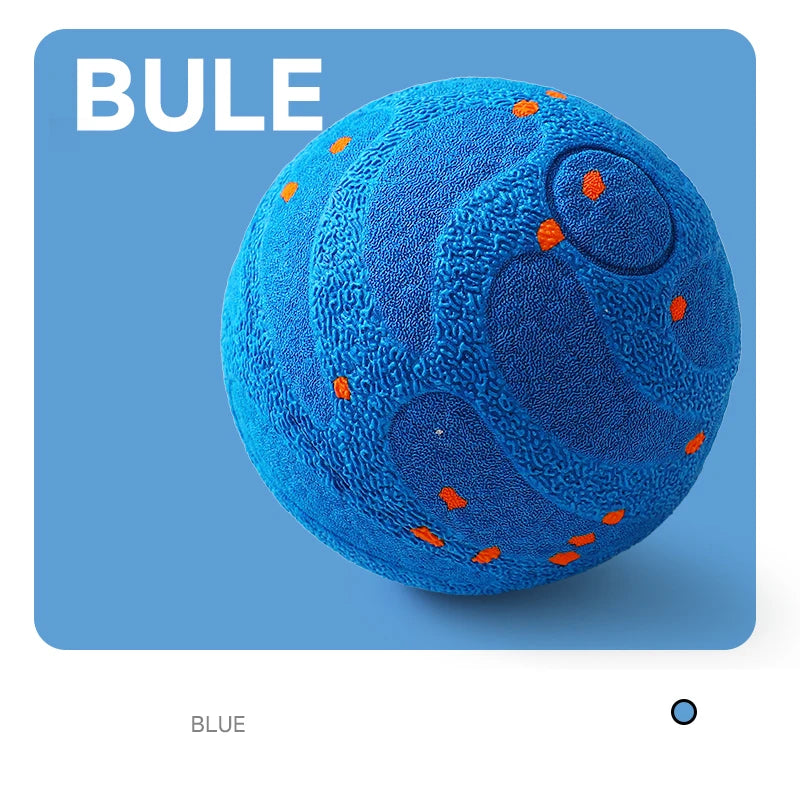 A blue indestructible smart dog chew ball with orange accents.