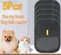 A black pet hair removal glove is shown next to a dog and a cat.