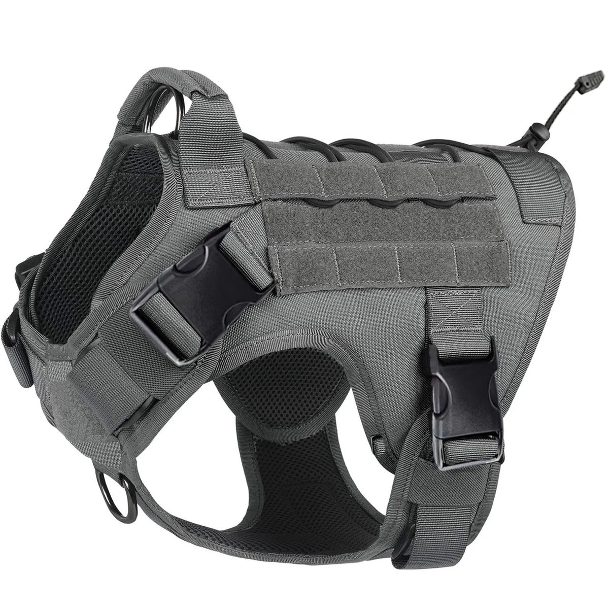A dark gray tactical dog harness with hook and loop panels and a handle is shown from the top.