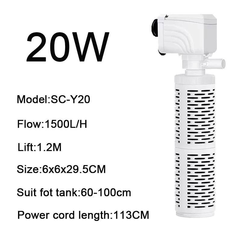 White submersible aquarium filter pump with 20W power, 1.2M lift, and a long power cord.