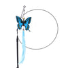 A blue butterfly-shaped interactive cat teaser wand with a feather and bell hanging from a line.
