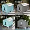 Four styles of foldable waterproof insulated cat houses in light blue and gray shown outdoors.