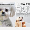 Instructions show how to use pet cleaning wipes for dogs and cats, demonstrating before and after cleaning.