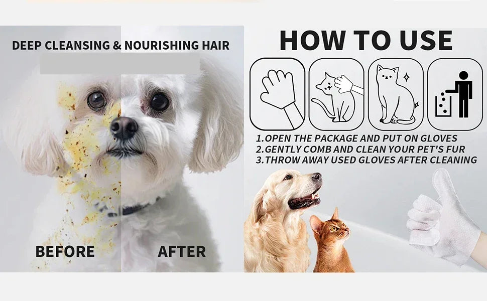 Instructions show how to use pet cleaning wipes for dogs and cats, demonstrating before and after cleaning.