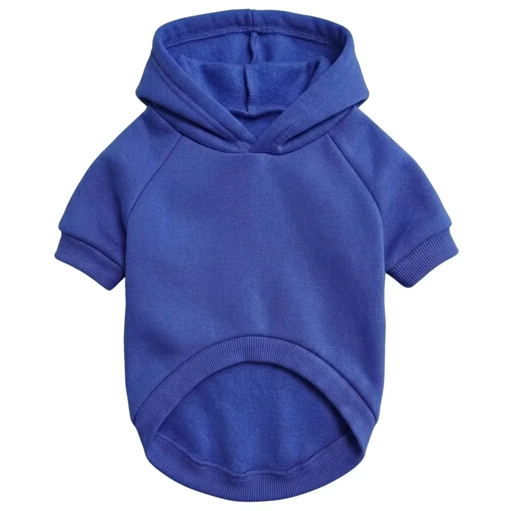 A royal blue hooded sweatshirt for a dog.