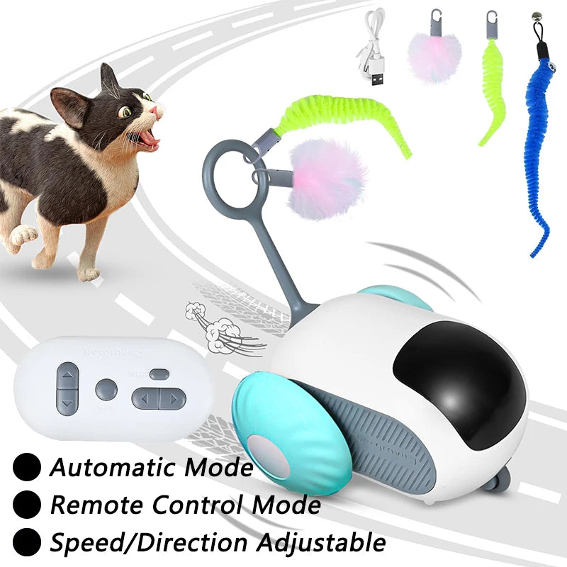 Weißes und schwarzes automatisches Katzenspielzeug mit grünem LED-Schwanz und Fernbedienung.