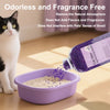 Purple bottle of cat litter deodorizer beads next to a purple litter box with white pellets.