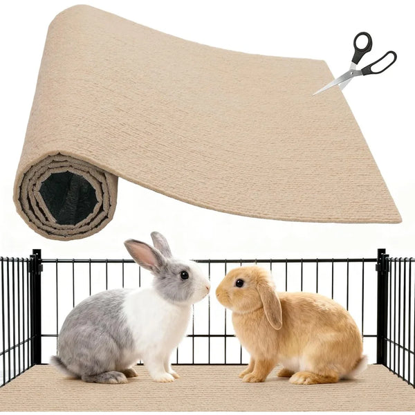 A roll of self-adhesive cat scratch pad material next to two small rabbits in a wire cage.
