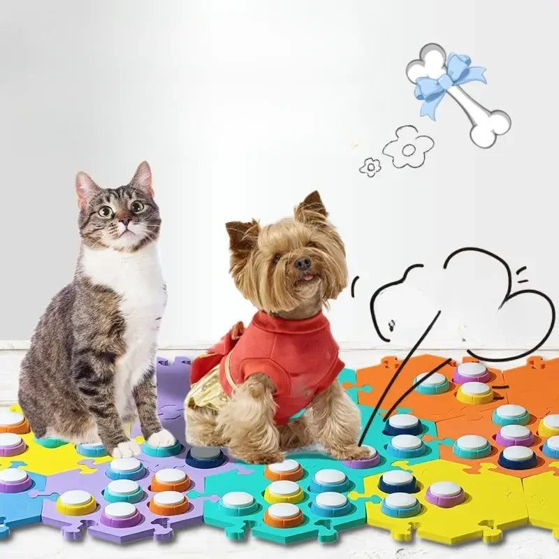 A tabby cat and a small terrier dog sitting next to colorful training buttons for pet communication.
