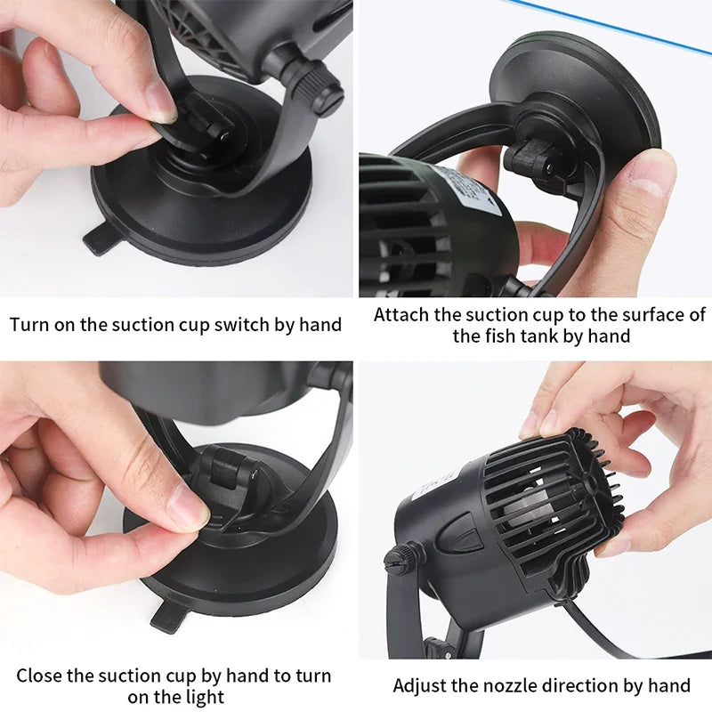 Hands demonstrate how to attach, turn on, close, and adjust the nozzle of a compact silent aquarium wave maker pump.