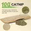 A hemp rope cat toy and mat for cats, showing the material texture and a loose catnip pile.
