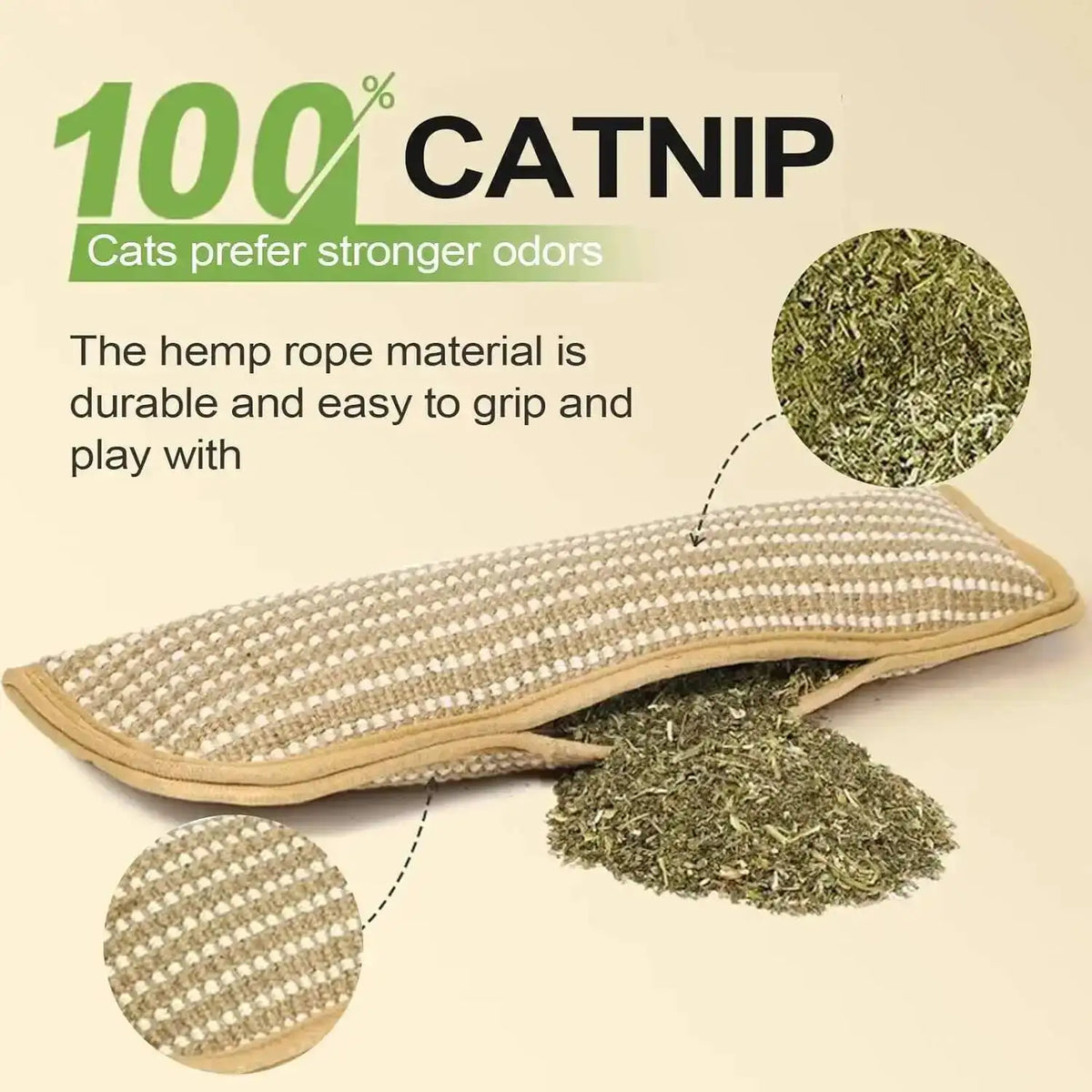 A hemp rope cat toy and mat for cats, showing the material texture and a loose catnip pile.