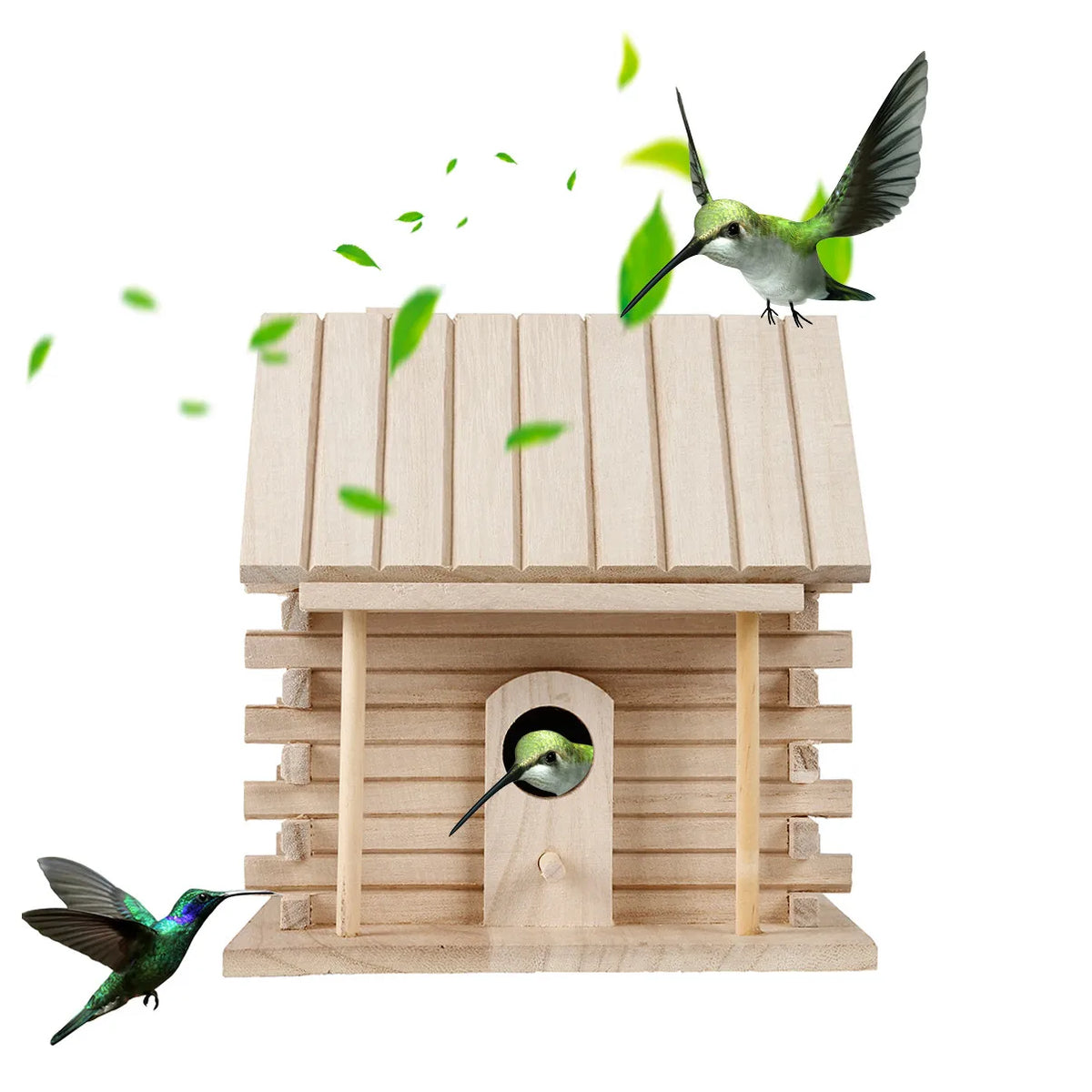 A wooden hanging birdhouse with a perch is shown, featuring a small green bird flying near the entrance.