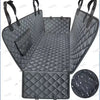 A black waterproof dog car seat cover hammock designed for rear seats, shown in various configurations.