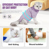 A gray cat wearing a purple vest is shown next to diagrams illustrating anti-licking and wound isolation protection.