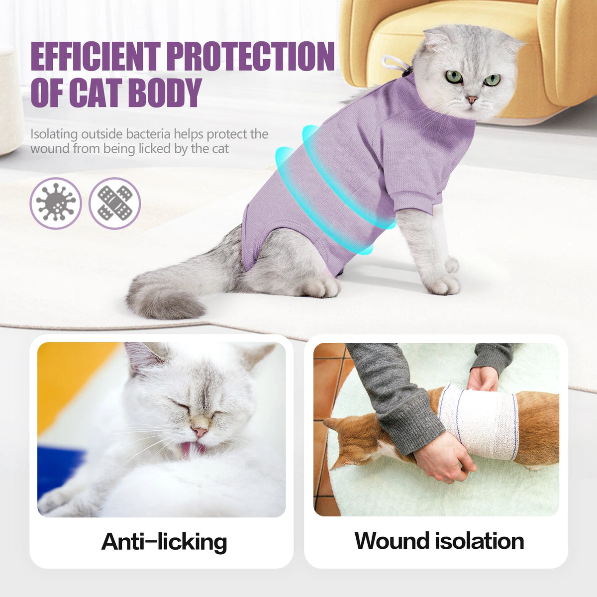 A gray cat wearing a purple vest is shown next to diagrams illustrating anti-licking and wound isolation protection.