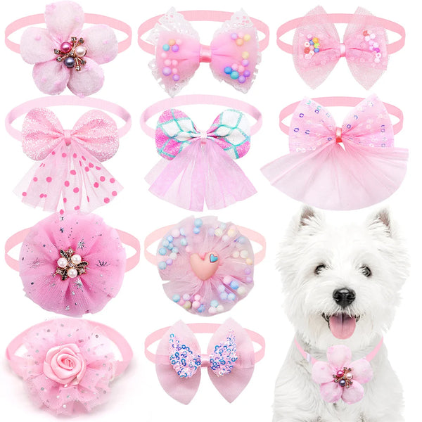 Pink lace bowtie collar accessories for small dogs and cats shown on a white dog.