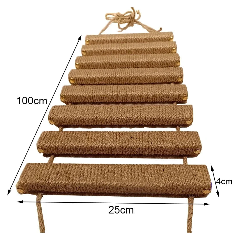 A set of wall-mounted cat climbing shelves featuring a hammock and scratching post, made of brown sisal rope.