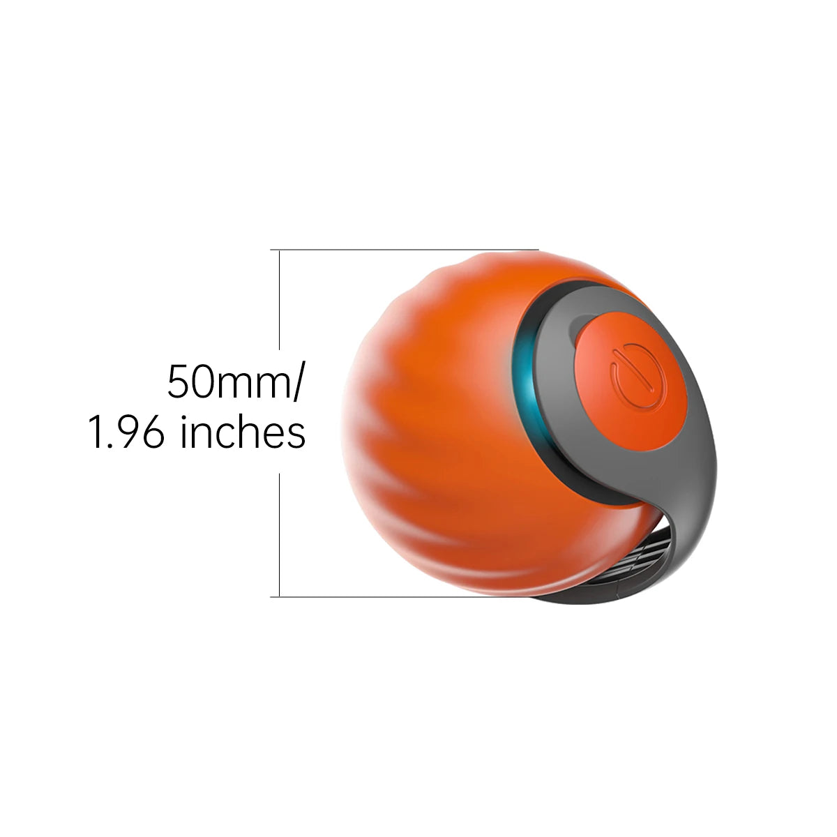 An orange and black automatic cat toy ball with a 50mm diameter.