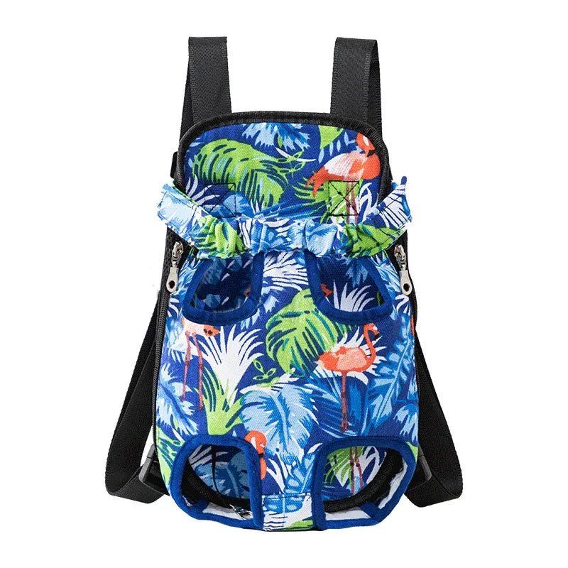 A blue and green patterned adjustable backpack carrier for cats and dogs.